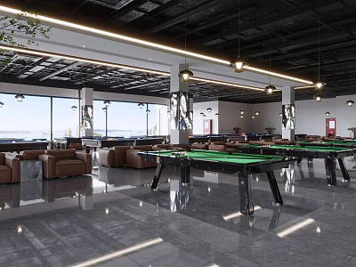Spacious Billiard Room Interior With Green Pool Tables Leather Sofas And Pendant Lights 3d model