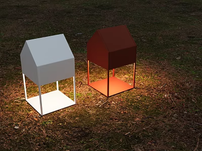 Modern House Shaped Outdoor Lights White and Red Illuminating on Grass 3d model