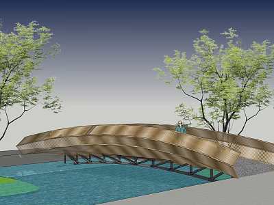 Arched Metallic Landscape Bridge Over Water Surface With Trees And People 3d model