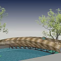 Arched Metallic Landscape Bridge Over Water Surface With Trees And People