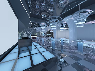 Modern Banquet Hall Interior With Stylish Chandeliers Dining Tables And Reflective Floors 3d model