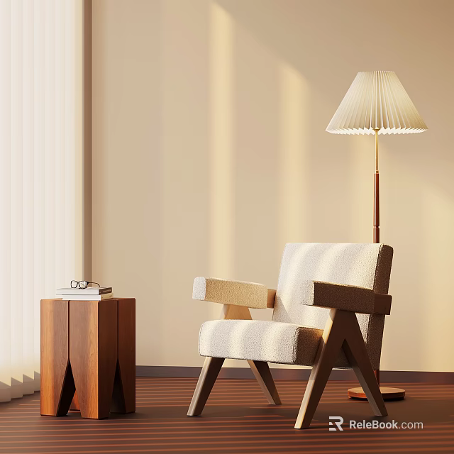 Beige Lounge Chair With Wooden Armrests And Side Table Near Floor Lamp 3d model 