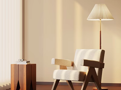 Beige Lounge Chair With Wooden Armrests And Side Table Near Floor Lamp 3d model
