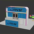 ONVIF Exhibition Booth Design With Blue White Counter Shelves And Chairs