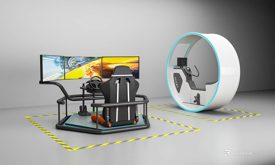 Modern Virtual Driving Simulator With Multiple Monitors Circular Immersive Training Equipment And Yellow Caution Tape 3d model 
