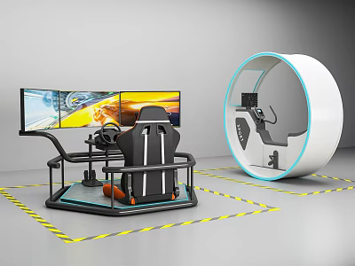 Modern Virtual Driving Simulator With Multiple Monitors Circular Immersive Training Equipment And Yellow Caution Tape 3d model