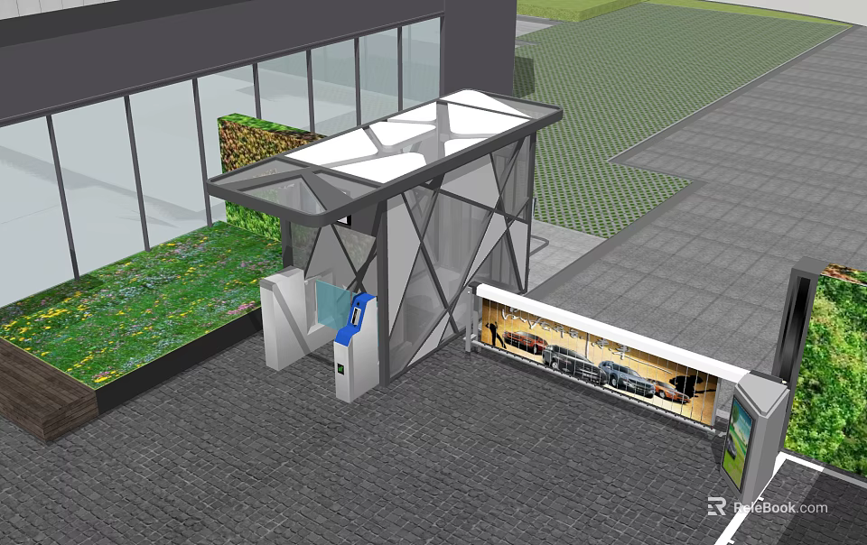 Modern Entrance Gate with Glass Canopy Access Control System and Landscaped Green Area 3d model 