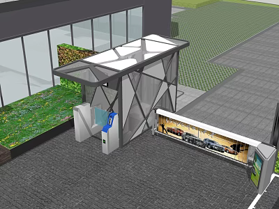 Modern Entrance Gate with Glass Canopy Access Control System and Landscaped Green Area 3d model