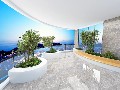 Modern Public Seating With Sea View Cityscape And Green Plants In Spacious Area 3d model
