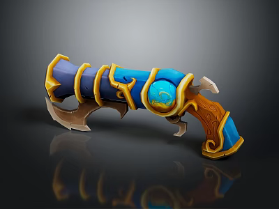 Fantasy Decorative Weapon With Blue Gemstone Golden Accents And Curved Wooden Handle 3d model