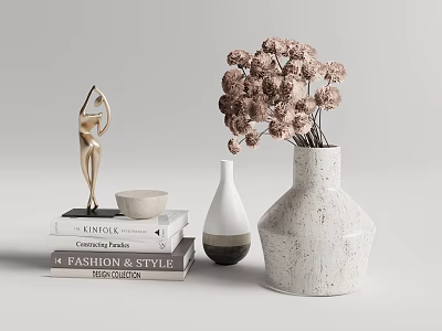 White Speckled Decorative Vase With Dried Flowers And Golden Sculpture On Stacked Books Home Decor 3d model
