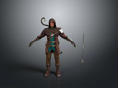 Man In Hooded Brown Tunic With Green Belt Leather Gloves Snake Accessory And Spear 3d model