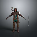 Man In Hooded Brown Tunic With Green Belt Leather Gloves Snake Accessory And Spear