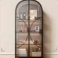 Elegant Decorative Cabinet With Glass Shelves Holding Wine Bottles Glassware And Photo Frames