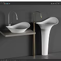 Modern Washbasin Design Countertop And Freestanding Pedestal With Silver Gold Faucets Against Gray Background