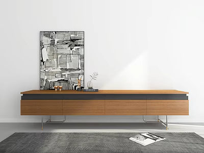 Modern Wooden TV Stand With Drawers And Abstract Wall Art Decor Items 3d model