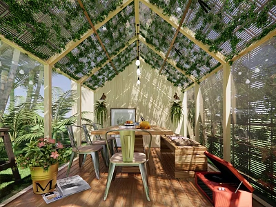 Garden With Vine Covered Wooden Structure Table Chairs Potted Plants And Natural Light 3d model