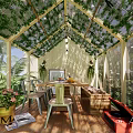 Garden With Vine Covered Wooden Structure Table Chairs Potted Plants And Natural Light