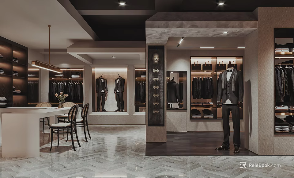 Luxury Men's Clothing Store Interior with Suits Mannequins Hanging Apparel and Seating Area 3d model 