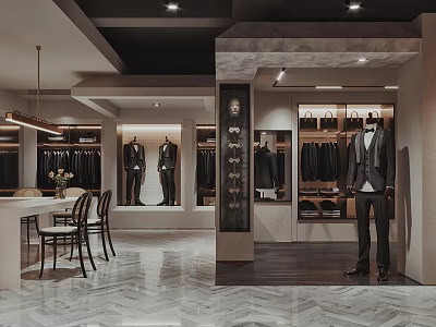 Luxury Men's Clothing Store Interior with Suits Mannequins Hanging Apparel and Seating Area 3d model