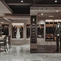 Luxury Men's Clothing Store Interior with Suits Mannequins Hanging Apparel and Seating Area
