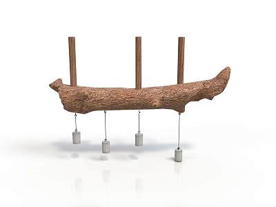 Natural Wooden Branch Decor With Three Supporting Poles And Hanging Metal Containers 3d model