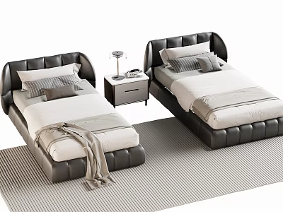 Modern Single Beds Interior With Leather Headboard Nightstand Table Lamp And Striped Rug 3d model