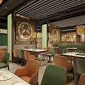 Modern Restaurant Interior With Booth Seating Tables And Decorative Wall Motifs