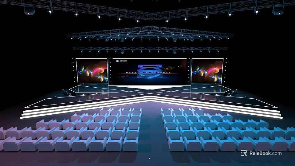 Modern Conference Stage Setup With LED Screens Lighting And Audience Seats 3d model 