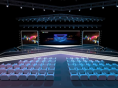 Modern Conference Stage Setup With LED Screens Lighting And Audience Seats 3d model