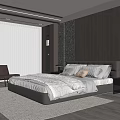 Modern Bedroom Interior With Leather Headboard Wooden Wall Vertical Blinds And Accent Chair
