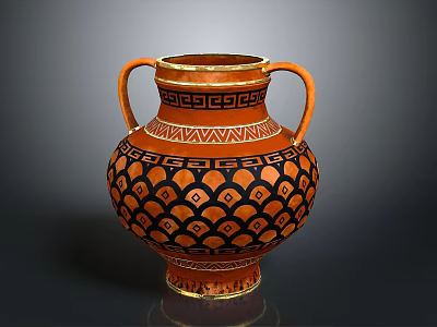 Ancient Greek Vase With Double Handles Orange Black Geometric Patterns And Gold Trim 3d model