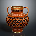 Ancient Greek Vase With Double Handles Orange Black Geometric Patterns And Gold Trim