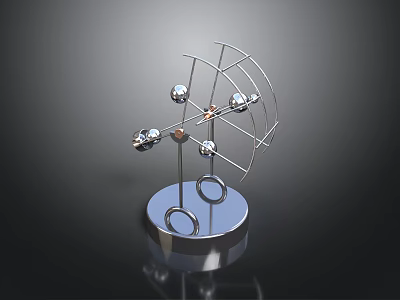 Modern Metal Sculpture With Spherical Elements And Wire Frame On Circular Reflective Base 3d model