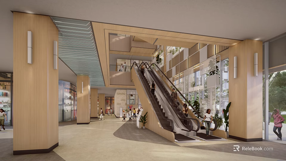 Modern Public Lobby Interior With Escalator Green Plants And People Activity 3d model 