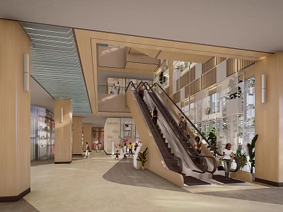 Modern Public Lobby Interior With Escalator Green Plants And People Activity 3d model
