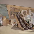 Modern Public Lobby Interior With Escalator Green Plants And People Activity