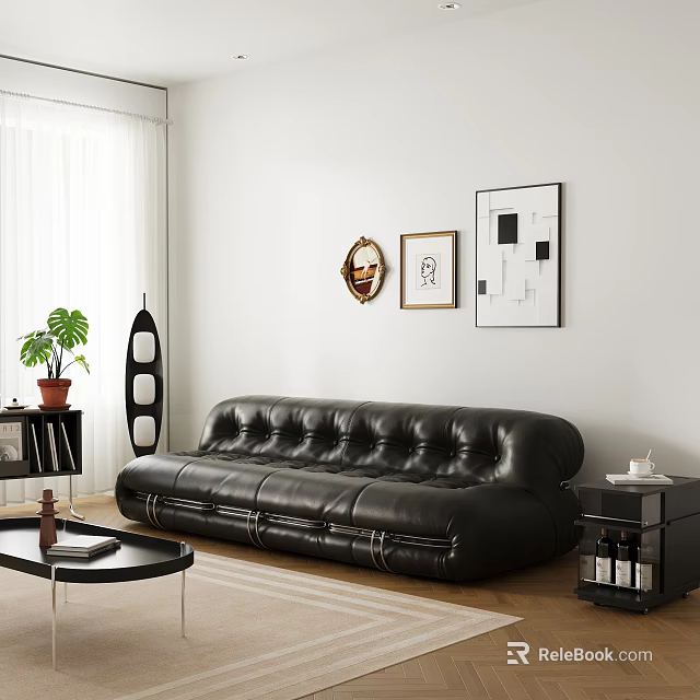 Modern Black Leather Tufted Sofa And Coffee Table With Wall Art And Plants 3d model 