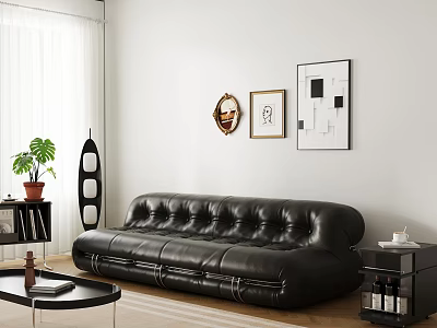 Modern Black Leather Tufted Sofa And Coffee Table With Wall Art And Plants 3d model