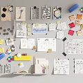 Creative Workspace Wall with Design Sketches Colored Sticky Notes Push Pins and Stationery 3d model