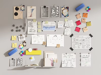 Creative Workspace Wall with Design Sketches Colored Sticky Notes Push Pins and Stationery 3d model