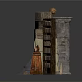 Decorative Scene Components With Bookshelves Stone Statues Stone Stacks And Wooden Bench