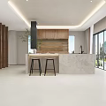 Modern Living Dining Room Interior Design With Wooden Wall Large Windows Sofa And Green Plants