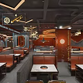 Modern Hot Pot Restaurant Interior With Orange Decor Round Lighting And Seating Area