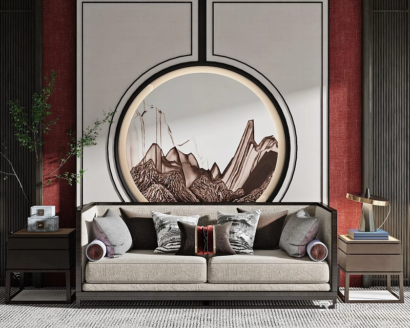 Chinese Style Living Room Side Table With Sofa Circular Landscape Painting And Table Lamp 3d model 