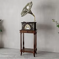 Vintage Gramophone On Wooden Stand With Gray Wall And Green Plants