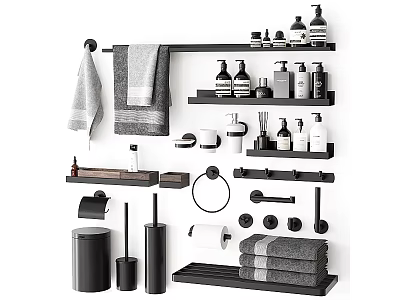 Sleek Black Bathroom Accessories Featuring Shelves Towels Toiletries Toilet Brush Toilet Paper Holder And Storage 3d model