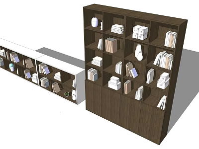 Modern Wooden Bookcases With Multiple Shelves Holding Books White Decorative Items And Storage Boxes 3d model