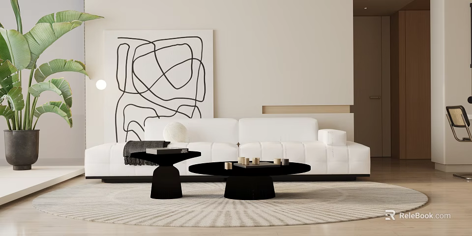 Modern White Sectional Sofa In Living Room With Abstract Painting Black Coffee Tables And Rug 3d model 