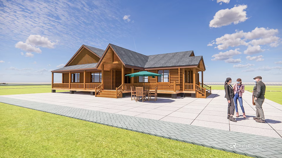 Wooden Single Family House With Gray Roof Porch Green Umbrella And Outdoor Dining Set 3d model 